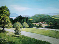 Berkshires landscape with road and distant lake, acrylics on canvas