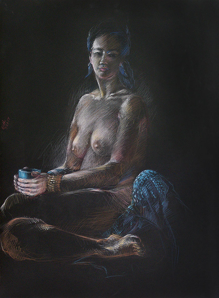 Black-haired sitting female nude figure on Black Stonehenge paper, Derwent Studio Pencils