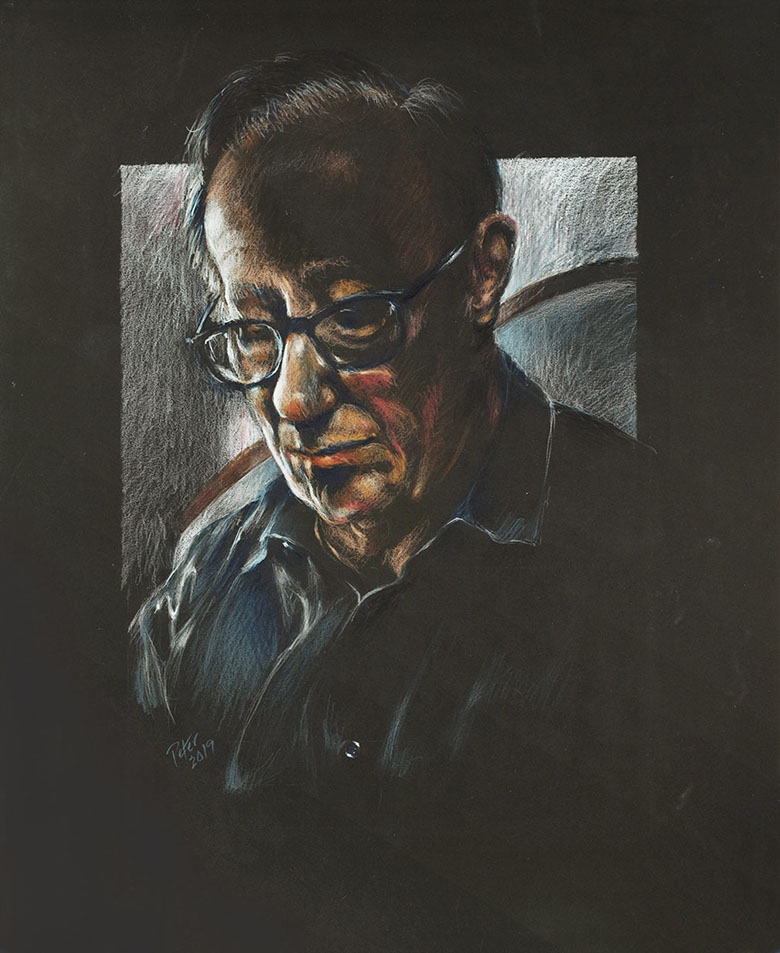 Seated man with glasses, Buzz, on Stonehenge black paper, 18" x 22"