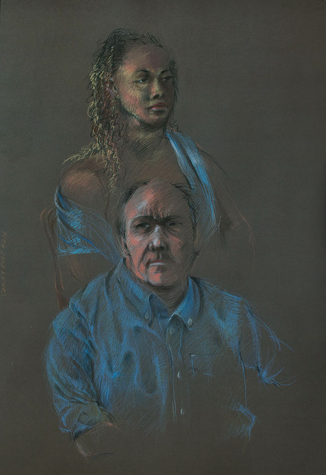 Sitting female and male figures, Mocha  Canford Paper 20.5" x 30.5", Colored Pencils