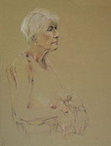 Sitting older female nude figure: Carolyn; Derwent Studio pencils on Stonehenge Kraft paper