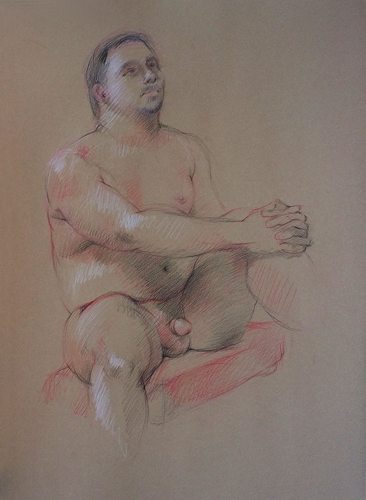 Sitting stocky male nude figure on Kraft Stonehenge paper, Derwent Studio Pencils