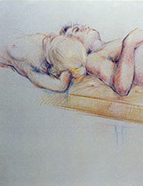 Reclining female and male nude figures, gray paper, Prismacolors