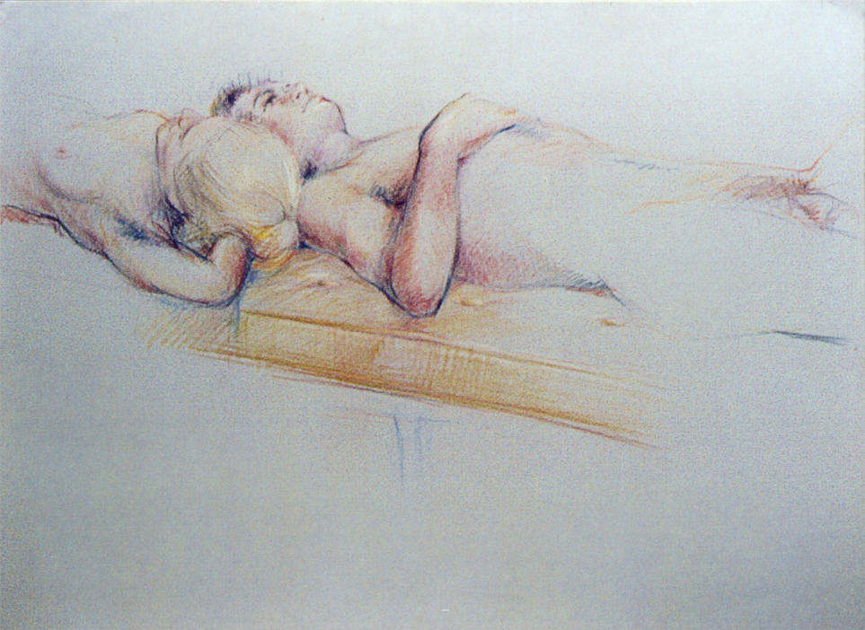 Reclining female and male nude figures, gray paper, Prismacolors