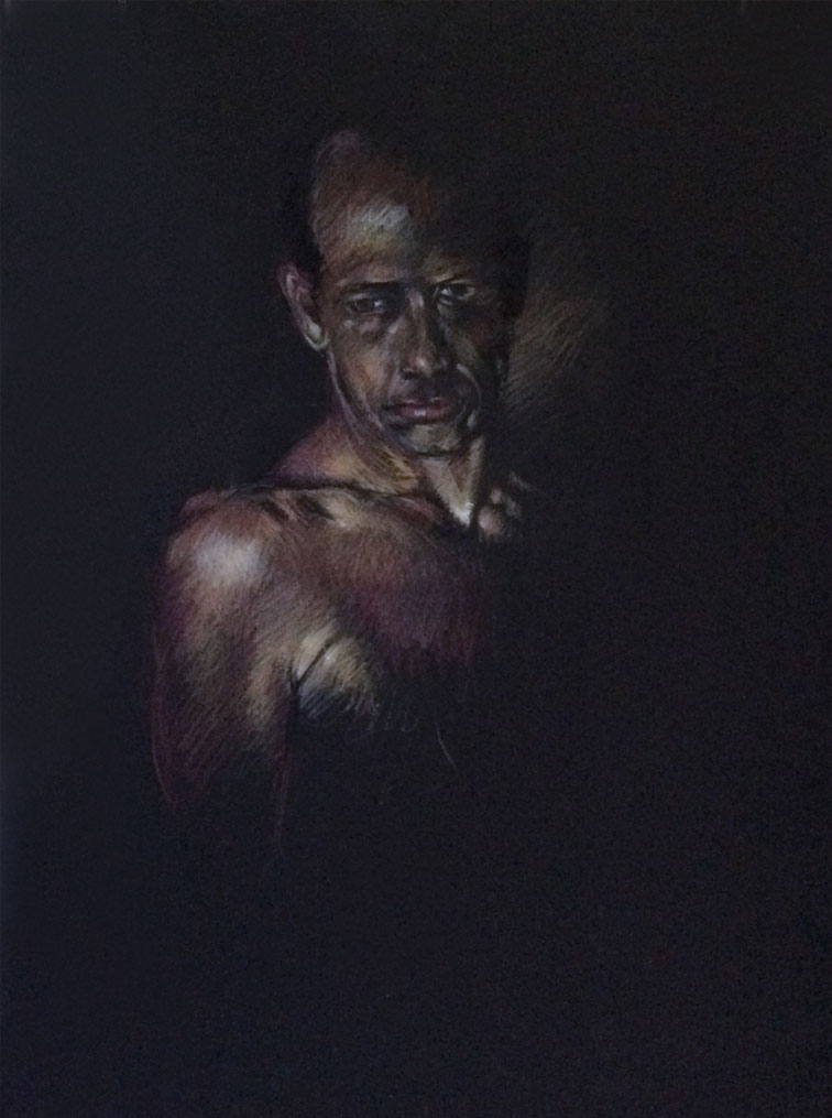 Male nude head and torso on black Stonehenge paper, Derwent Studio Pencils