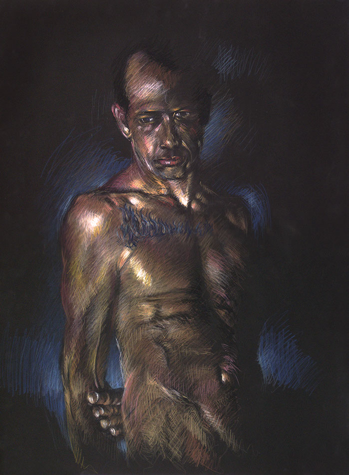 Standing nude male figure, tattooed burn survivor, Black Stonehenge paper, Derwent Studio pencils