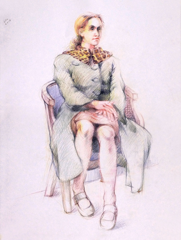 Female costumed figure drawing: colored pencils