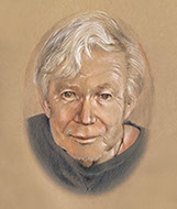 White-haired man  portrayed in an oval format.
