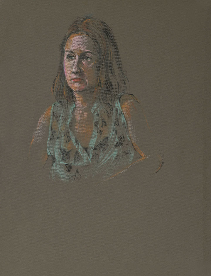 Drawing of woman in decorative blouse: colored pencils