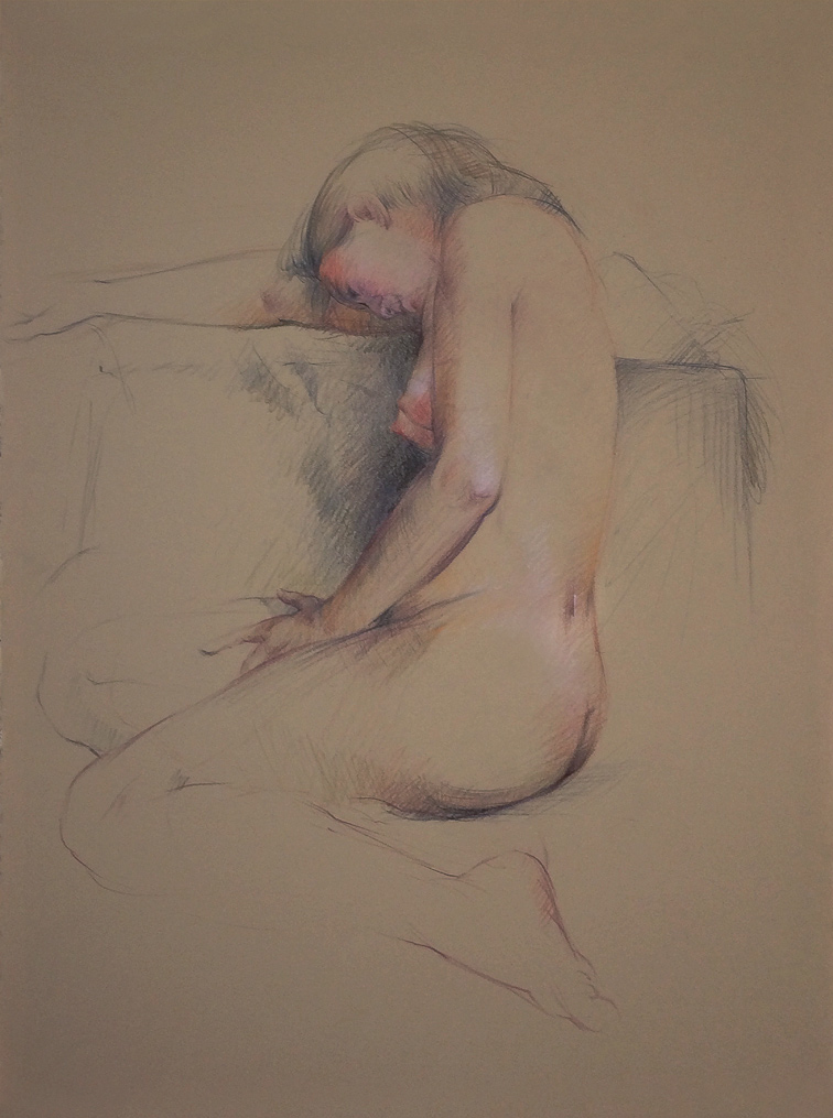 Seated female nude figure on fawn Stonehenge paper, Derwent Studio Pencils
