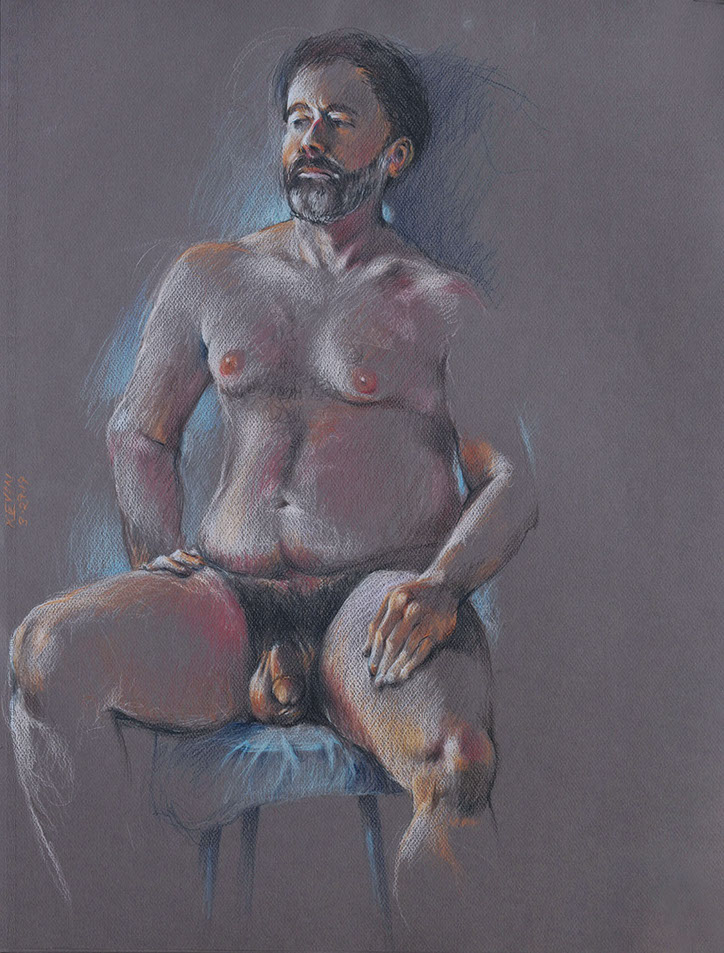 Seated male nude figure, Kevin, colored pencils on Canson dark gray paper