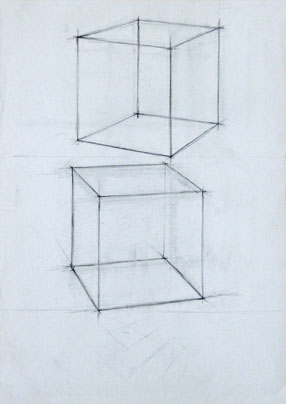 Freehand drawing of cubes, in pencil