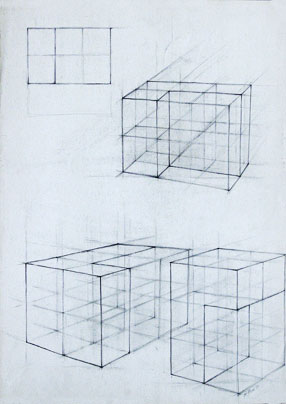 Freehand drawing of interlocking rectangular forms, in pencil