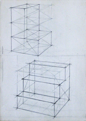 Freehand drawing of rectangular forms, in pencil