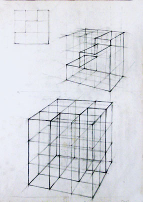 Freehand drawing of interlocking rectangular forms, in pencil
