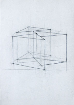 Freehand drawing of triangular solids, in pencil