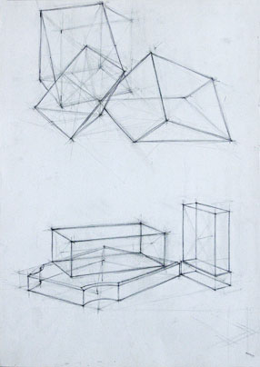Freehand drawing of triangular solids, rectangular solids, in pencil