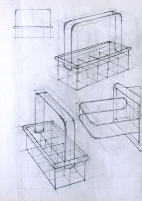 Freehand drawings of ice-tray, in pencil