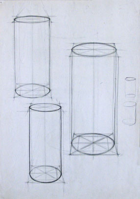 Freehand drawings of cylinders, in pencil