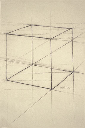 Freehand drawing of a cube in charcoal