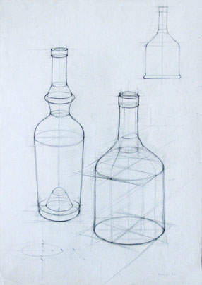Freehand drawings of bottles, in pencil