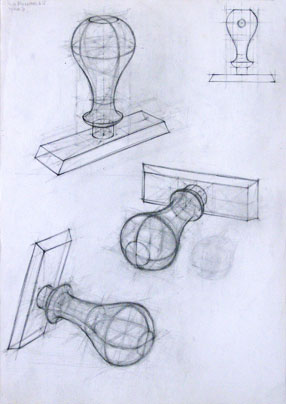 Freehand drawings of stamper, in pencil