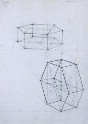 Freehand drawing of hexagonal solids, in pencil