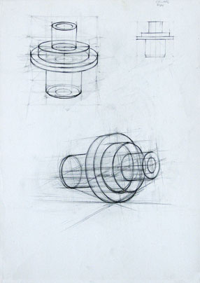 Freehand drawings of cylindrical solid, in pencil