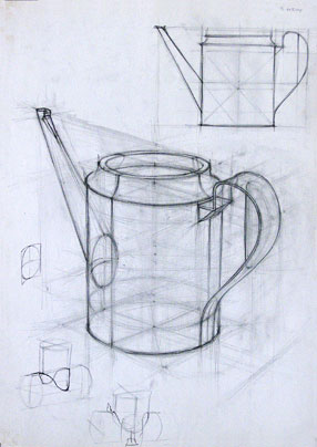 Freehand drawings of watering can, in pencil