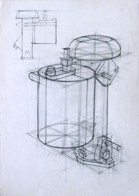 Freehand drawings of motor parts, in pencil