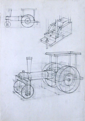 Freehand drawings of wooden toy steamroller, in pencil