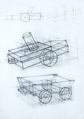 Freehand drawings of wooden toys, in pencil
