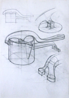 Freehand drawings of kitchen ricer, in pencil