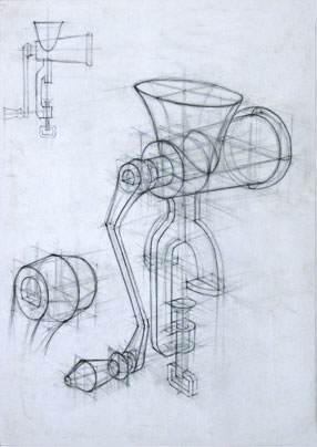 Freehand drawings of meat grinder, in pencil