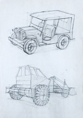 Freehand drawings of toy vehicles, in pencil