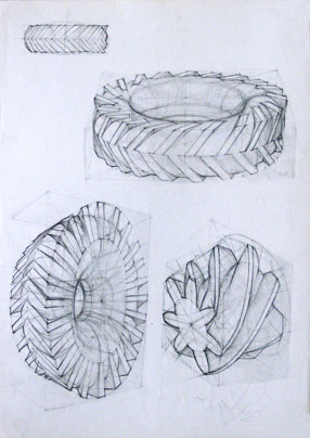Freehand drawings of cylindrical forms, in pencil