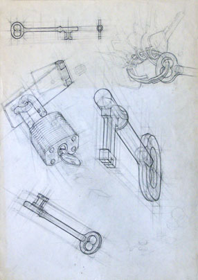 Freehand drawings of latchkey; other keys; padlock; in pencil