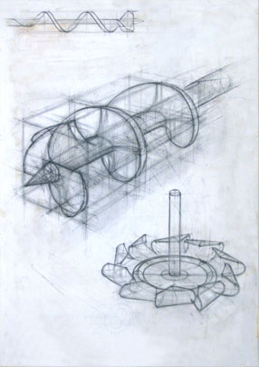 Freehand drawings of auger; ventilator fan blades, in pencil