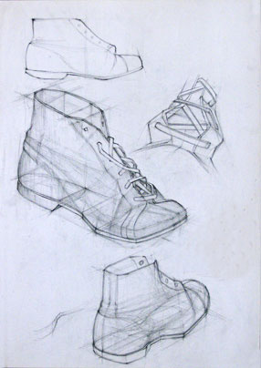Freehand drawings of baby boot, in pencil