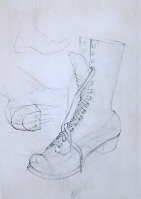 Freehand drawings of lace-up boot, in pencil