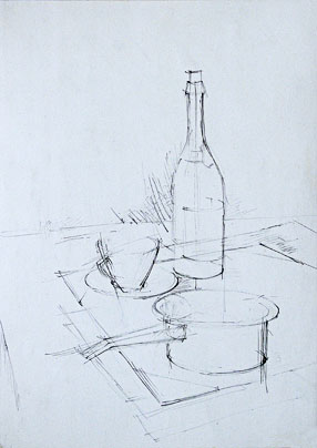 Freehand drawing of mundane still life, with bamboo pen and ink