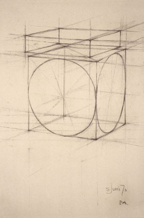 Freehand drawing of a cube with inscribed circles, additional offset rectangular solid, in charcoal