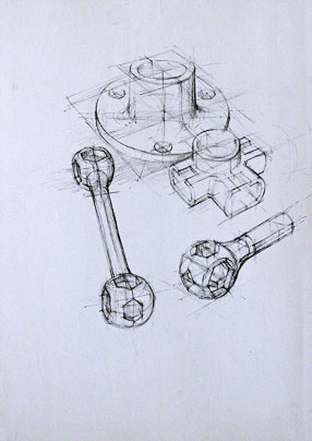 Freehand drawing of metal parts, with bamboo pen and ink