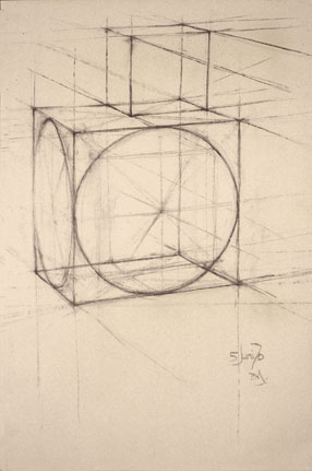 Freehand drawing of a cube with inscribed circles, additional offset smaller cube, in charcoal