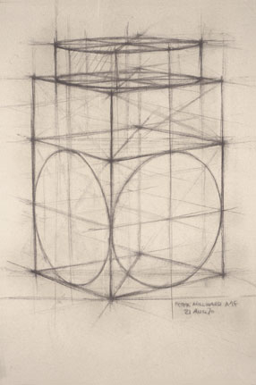 Freehand drawing of a cube with inscribed circles, topped by half cube and cylinder, in charcoal