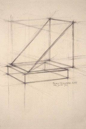 Freehand drawing of triangular and rectangular solids, rectangular solids, in charcoal
