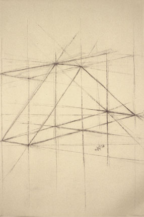 Freehand drawing of triangular solid, in charcoal
