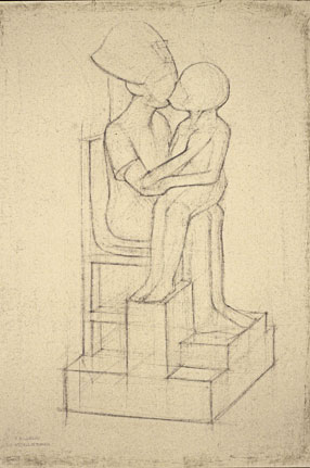 Freehand drawing:plaster cast of Egyptian sculpture, in charcoal