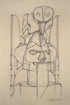 Freehand drawing of west-coast North American totem, in charcoal