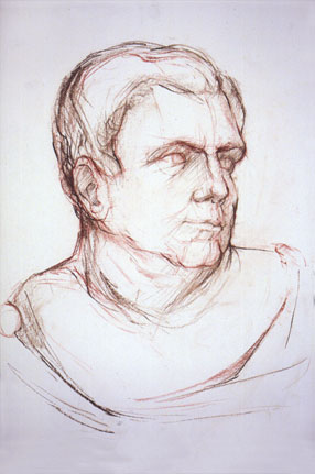 Freehand drawing of antique plaster cast, in sanguine and brown Conté crayon